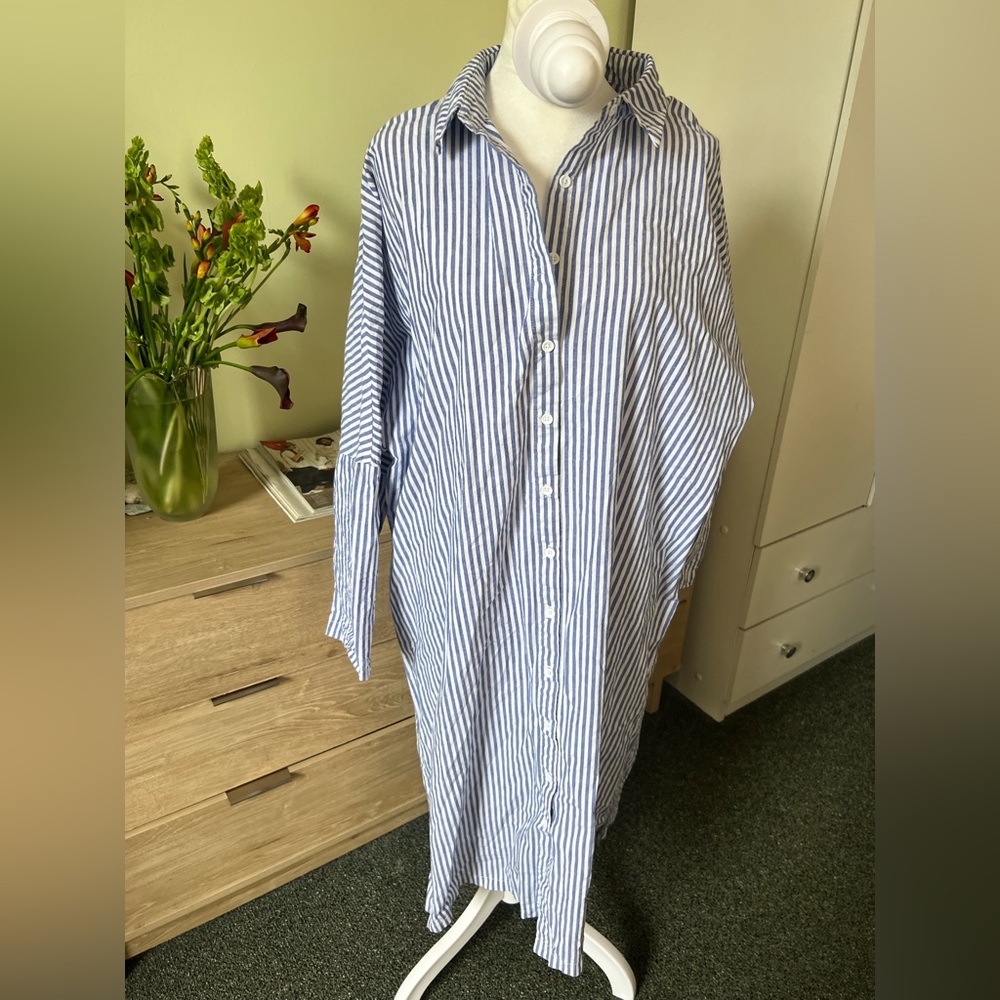 Blue & White Stripe Button Down Drop Shoulder Gauzy Airy Flowy Beach Midi Dress - Picture 11 of 15